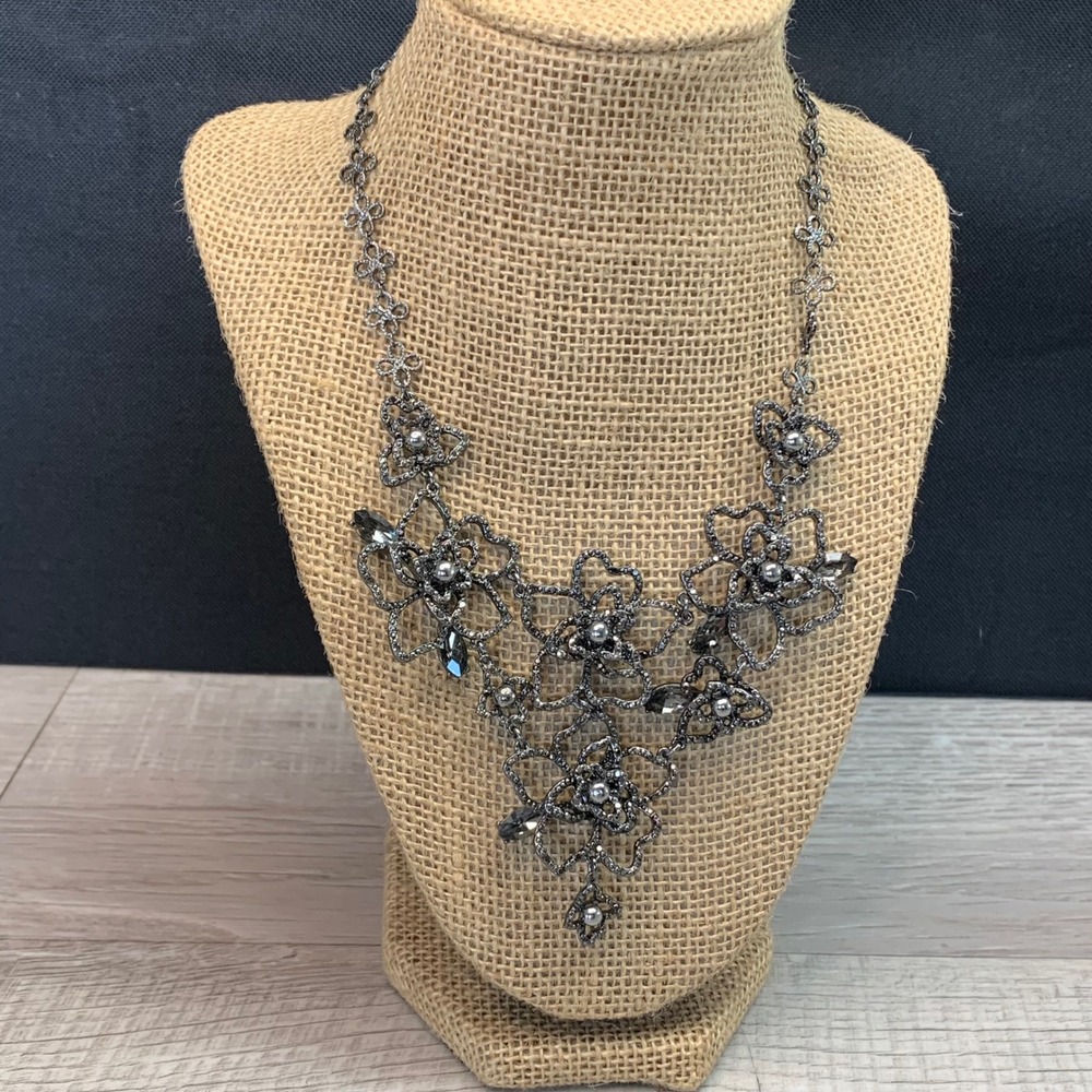 Gunmetal Floral Bib Statement Necklace Grey Crystal Pearl Accents 16 Inch